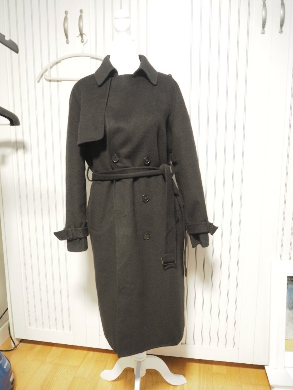 LIST Handmade Black Wool Cashmere Blend Wrap Coat Belted Korean Women Size S